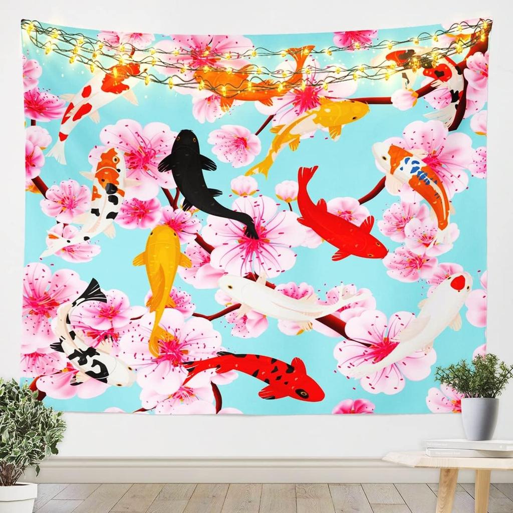 Japanese Style Tapestry Traditional Retro Theme Tapestry Wall Hanging Koi Fish Print Wall Tapestry Cherry Blossom Wall Art For