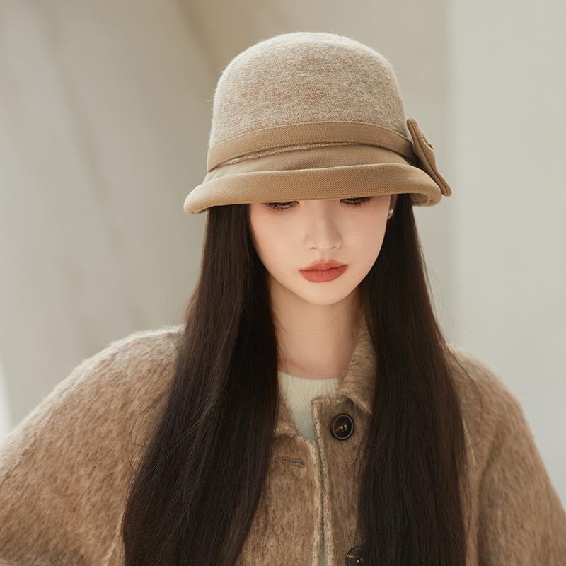 French Style Splicing Fisherman Hat Winter Warm Bow Decor Elegant Lady Hat