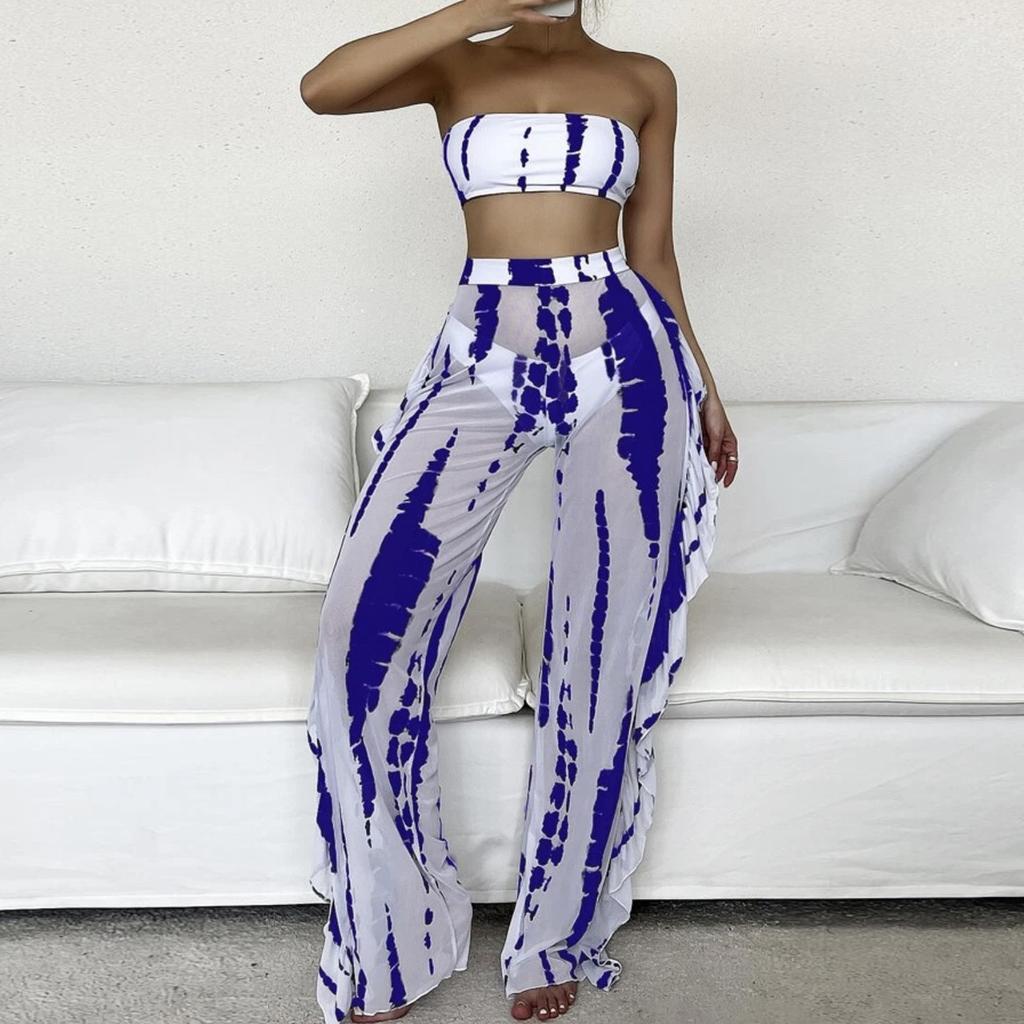 Fashion Women's Tube Top Mesh Pants Printed High Waist Split Sexy Swimsuit Bikini