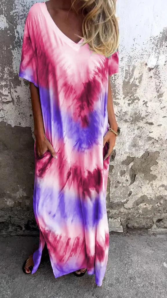 Summer New European And American Style Women'S Clothing Casual Loose Short-Sleeved V-Neck Split Fork Gradual Change Tie-Dye Long Dress