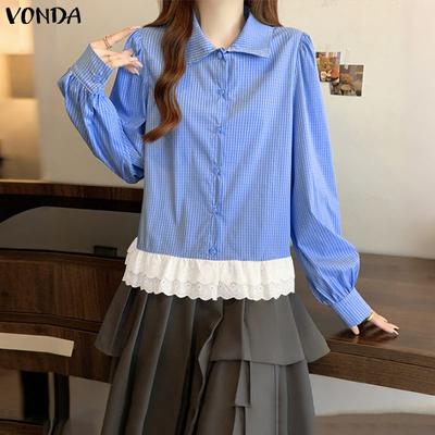Women Turn Down Collar Long Sleeve Patchwork Lace Hem Plaid Casual Shirts Blouse