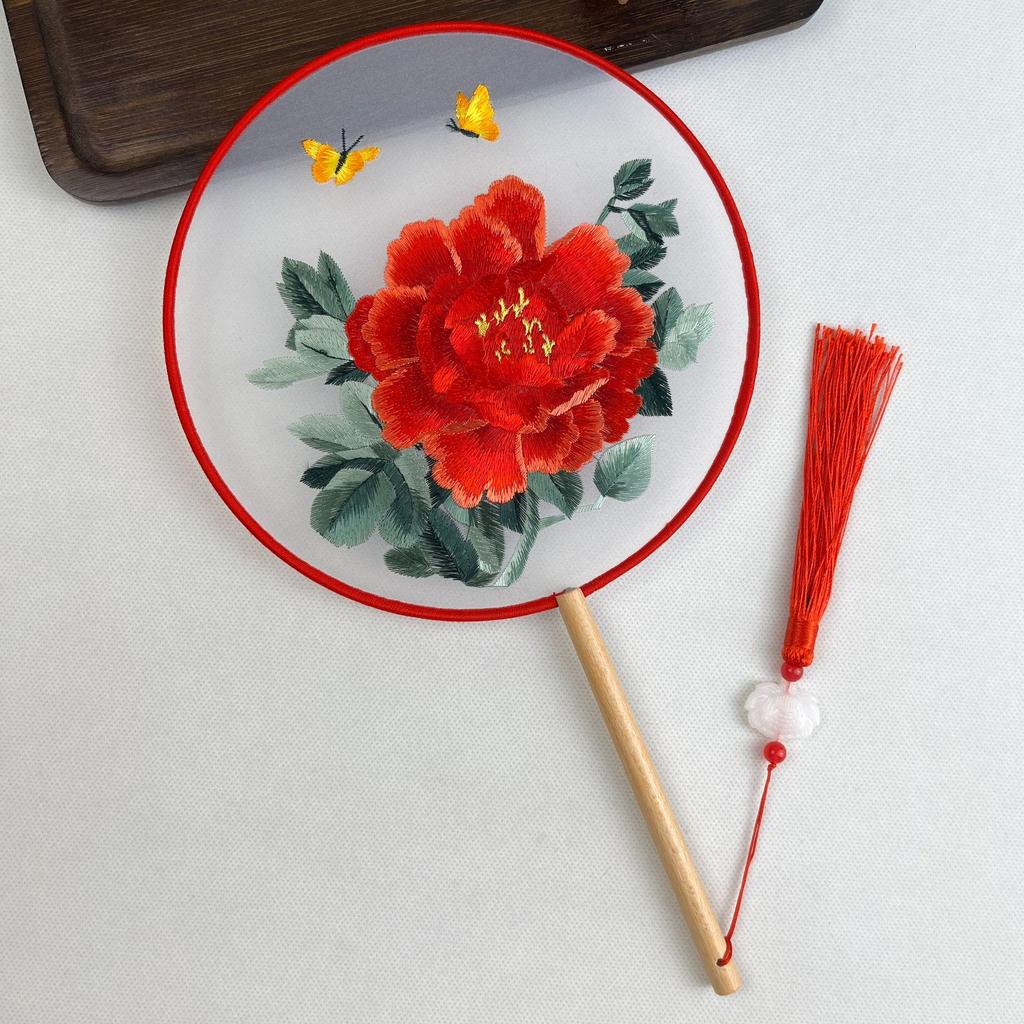 Ancient Chinese Round Hand Fan: Suzhou Double-Sided Embroidery with Peony Design for Hanfu Dance