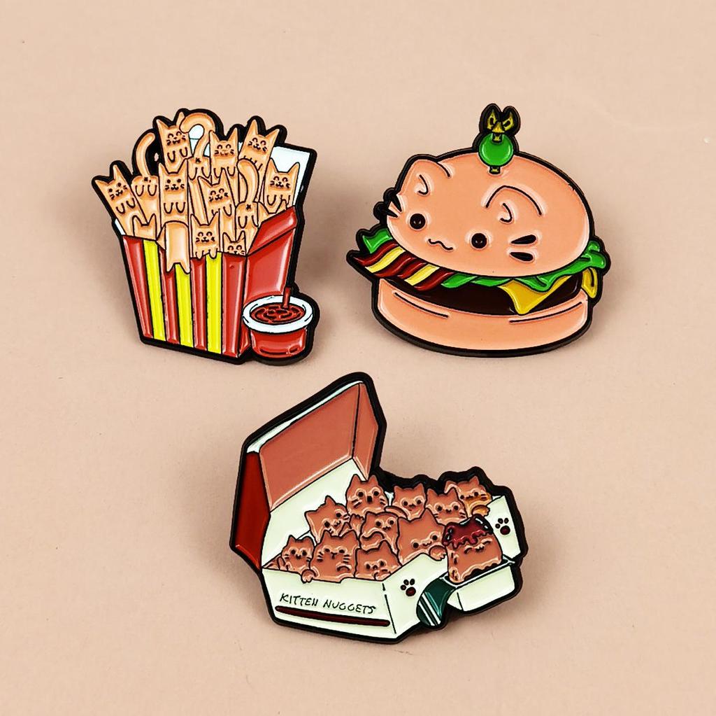 Cartoon Cat Alloy Brooch - French Fries & Chicken Nugget Shapes for Clothing, Hats, or Backpacks