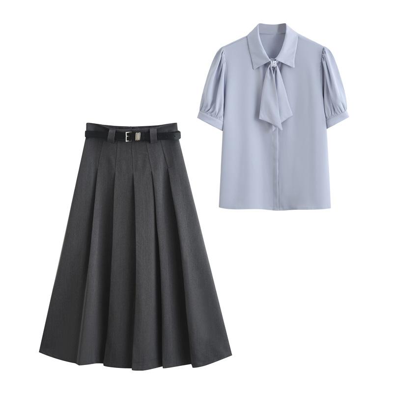 Summer interview dress satin streamer short-sleeved shirt women + pleated suit skirt skirt suit