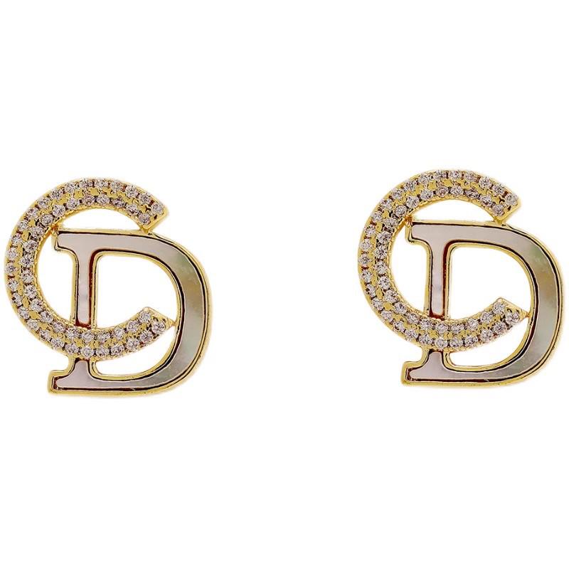 Kolczyki S925 Srebro Perła & Diament Litery - Koreańska Moda Wszechstronne Wkrętki & Wiszące