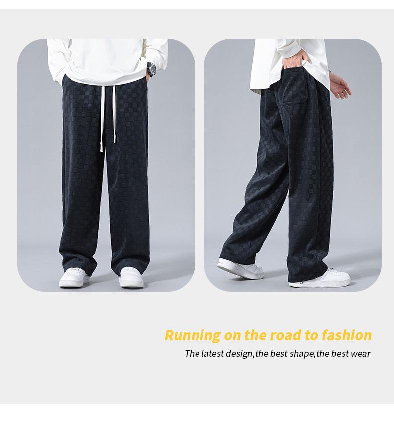 Men's Checkerboard Corduroy Wide-Leg Pants - Casual, Loose Straight Fit for Spring and Summer