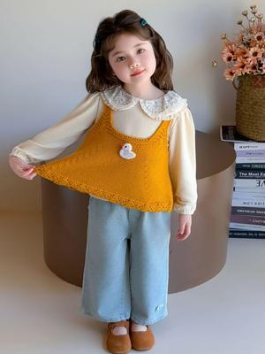 Autumn 2025 Stylish Baby Girls' Knitted Vest and Shirt Two-Piece Set