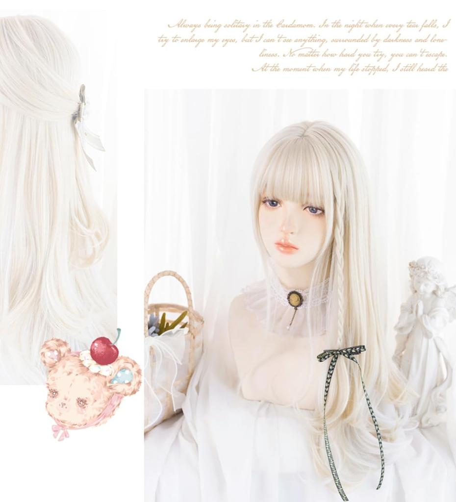 RyuuCos Lolita Langes Lockiges Haar mit Geraden Weißen und mit Weißem und Goldenem Akzent Hitze Perfekt für und Schule und Kulturelle Perücke, Pony, Gold, Farbe,