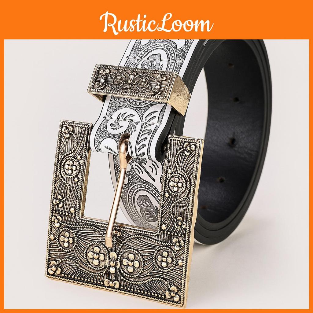 Vintage National Style Embossed Metal Buckle Floral Pu Leather Belt For Jeans