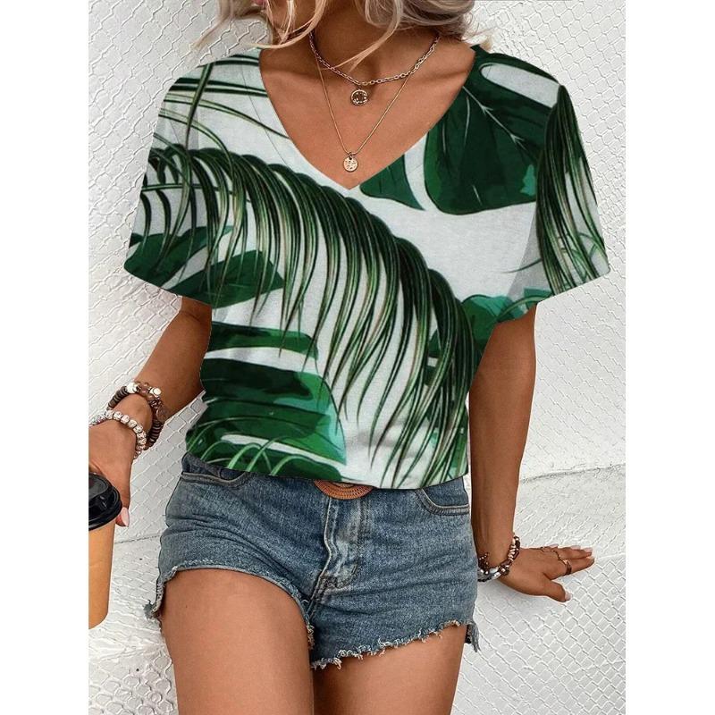Summer New Product Cool And Comfortable V-neck T-shirt Women's Elegant Flower Print Top Casual Simple Short Sleeved T-shirt