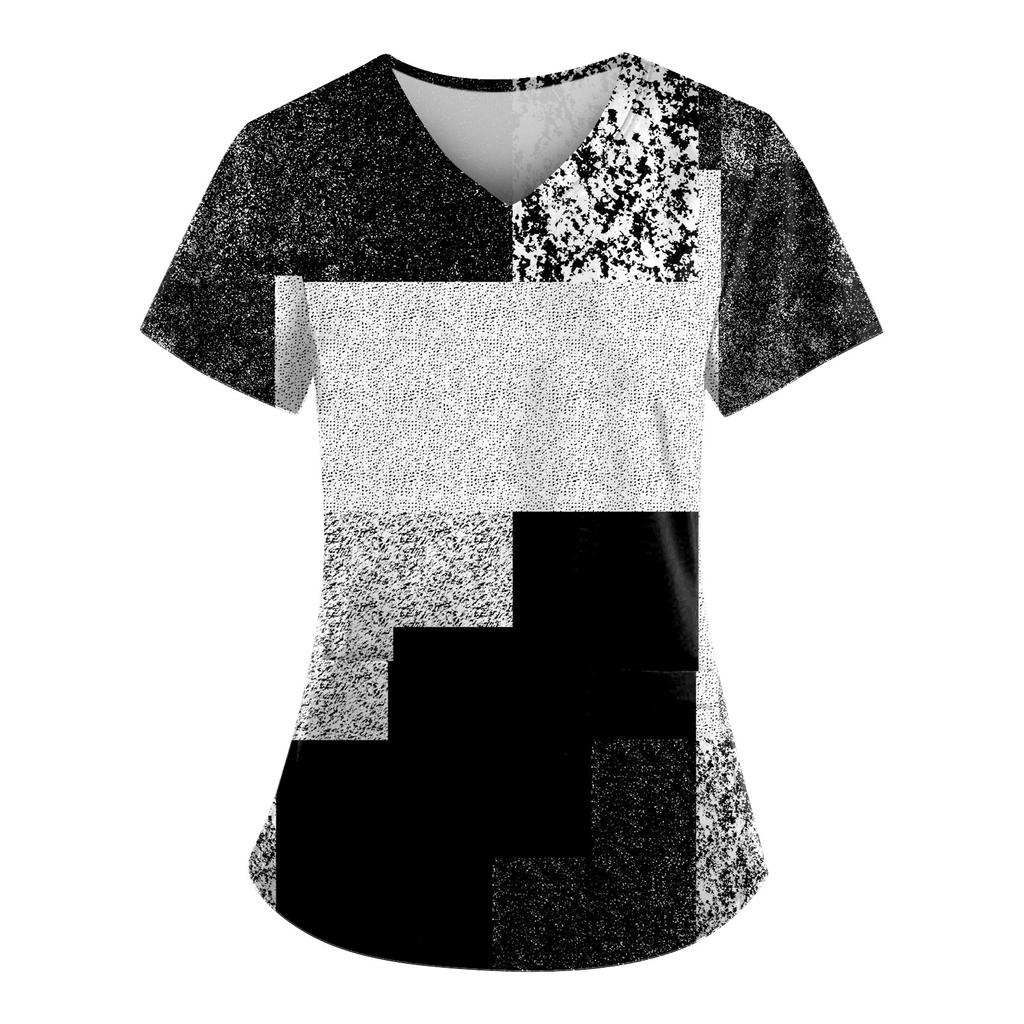 Damenmode V-Ausschnitt Kurzarm Arbeitskleidung mit Taschen Bedruckte Oberteile Sommeroberteile für Frauen