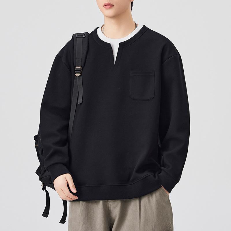 American Trendy Brand Solid Color Fake Two V-neck Sweater Men's Autumn and Winter New Pullover Long-sleeved Bottoming Shirt