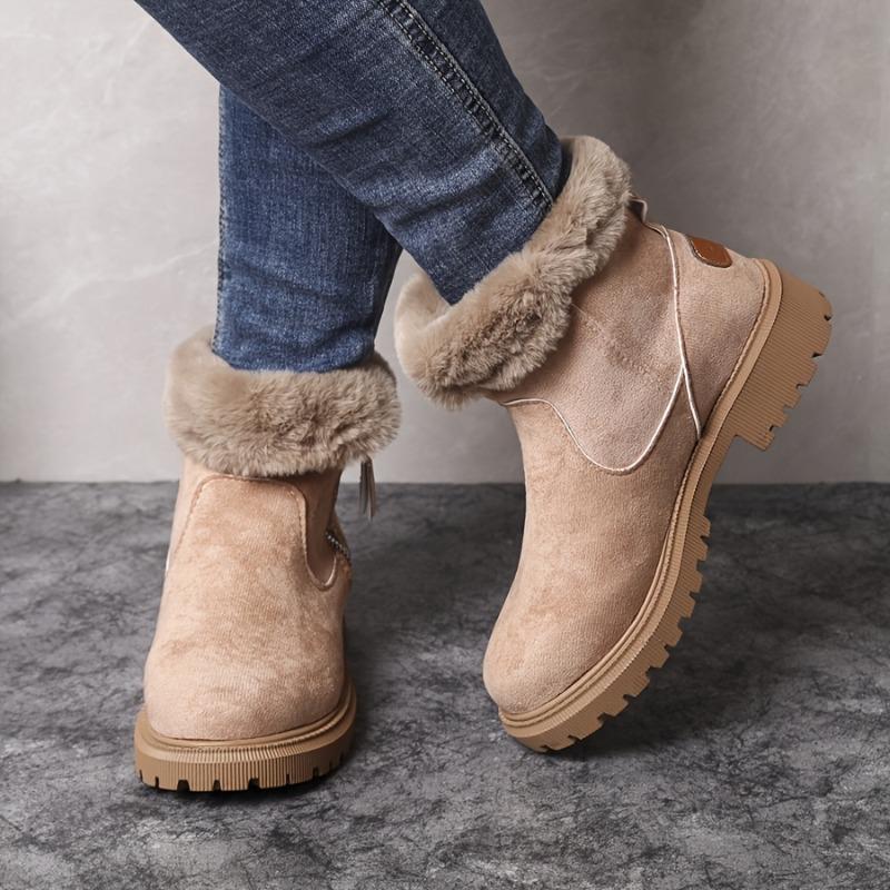 Women's Round-Toe Short Boots Plush Faux Thick Rubber Sole Chunky Heel Zipper Winter Casual Dressy Brown Booties for Jeans