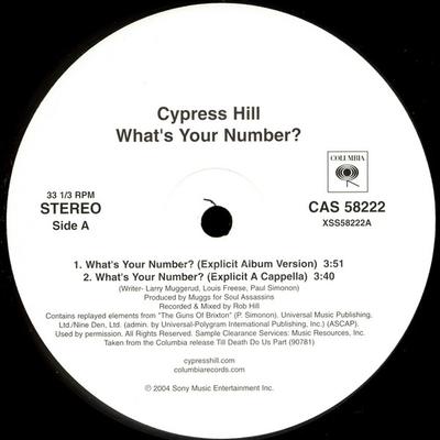 12inch Record CYPRESS HILL - What's Your Number? CAS58222 Columbia 2004 US Rap & Hip-Hop/R&B Used
