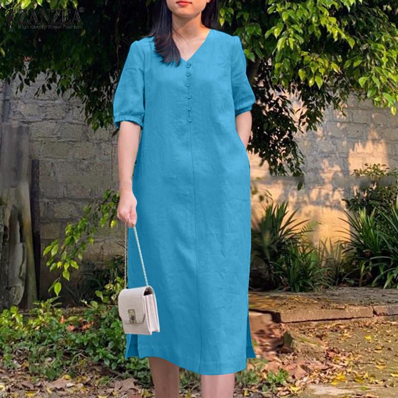

ZANZEA Women Casual V-Neck Summer Short Sleeve Cotton Dress M синий