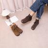 Johnature Retro Cow Suede Lace Up Short Boots Versatile Square Toe Soft Sole Comfortable Women's Ankle Boots