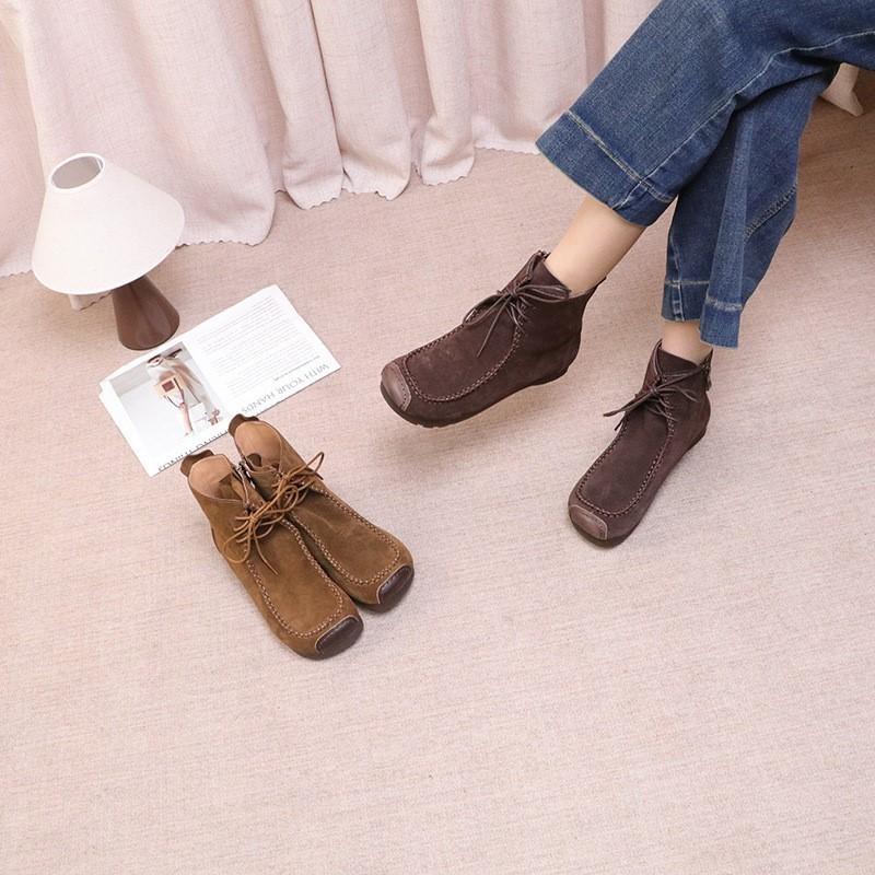 Johnature Retro Cow Suede Lace Up Short Boots Versatile Square Toe Soft Sole Comfortable Women's Ankle Boots