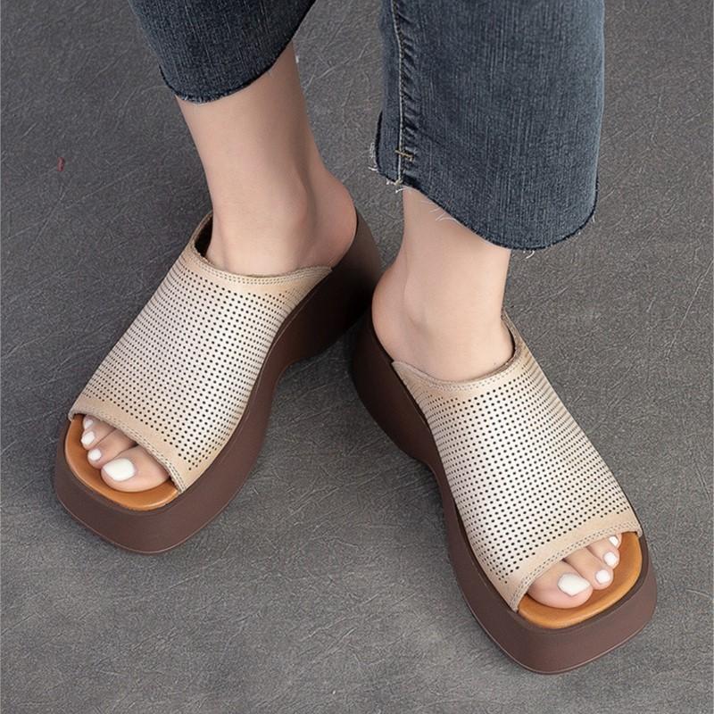 Johnature Genuine Leather Thick Soles Peep Toe Shoes Women Vintage Wedges Slides Outdoor Platform Slippers