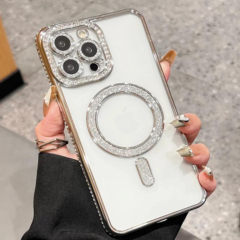 Klarer Bling-Kristall-Handyhülle Für iPhone 16 15 14 13 12 11 Pro Max Plus Für Magsafe Magnetisches Kabelloses Laden Linsenfolienabdeckung