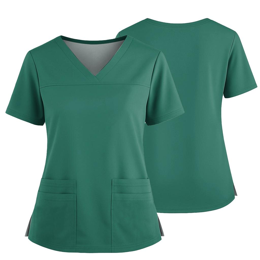 Women's Uniform Color V-Neck Pocket Side Slit Uniform Short Sleeved Top Top