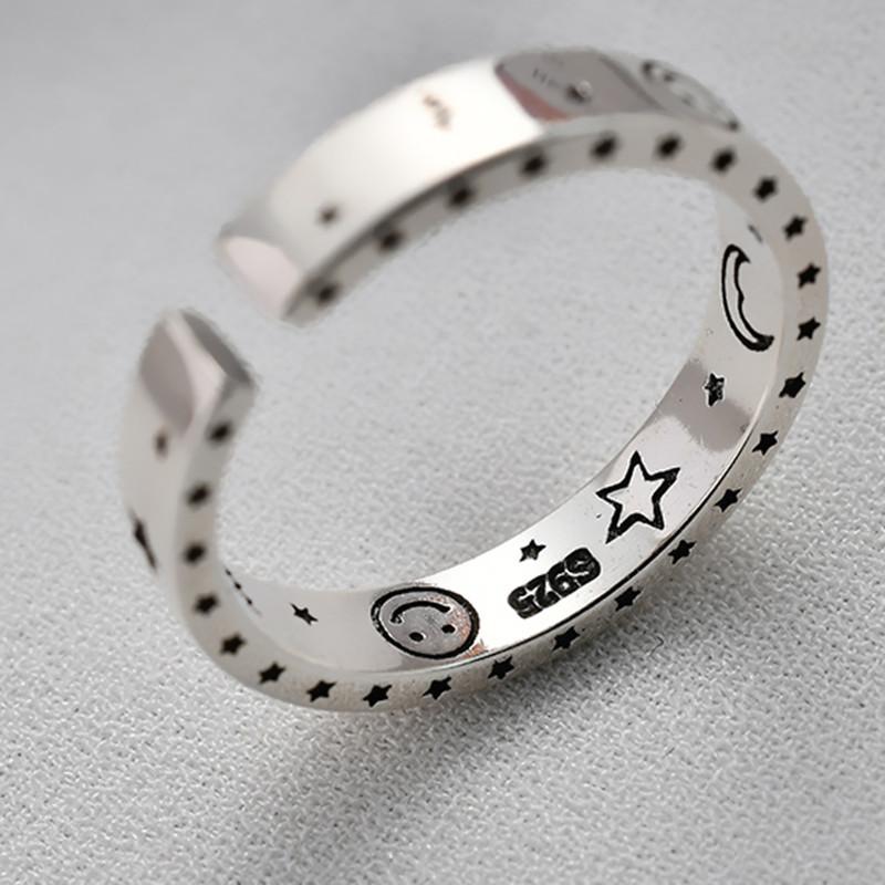 Korean Vintage Moon Star 925 Silver Finger Ring For Women Party Wedding Jewelry Jz404