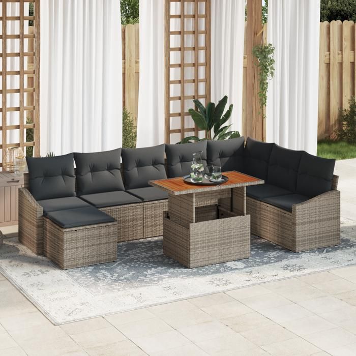 VidaXL Ensemble de salle à manger de jardin 9 pièces avec coussins gris poly rotin acacia 3349873