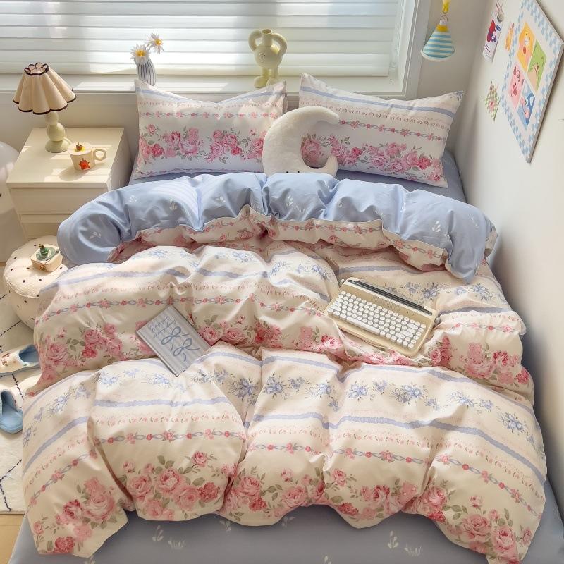 Class A Maternal Infant Grade Small Fresh Pure Cotton Abraded 4-Pcs Set, Skin-Friendly Bed Sheet Washed Cotton Quilt Cover, Dormitory 3-Piece Set