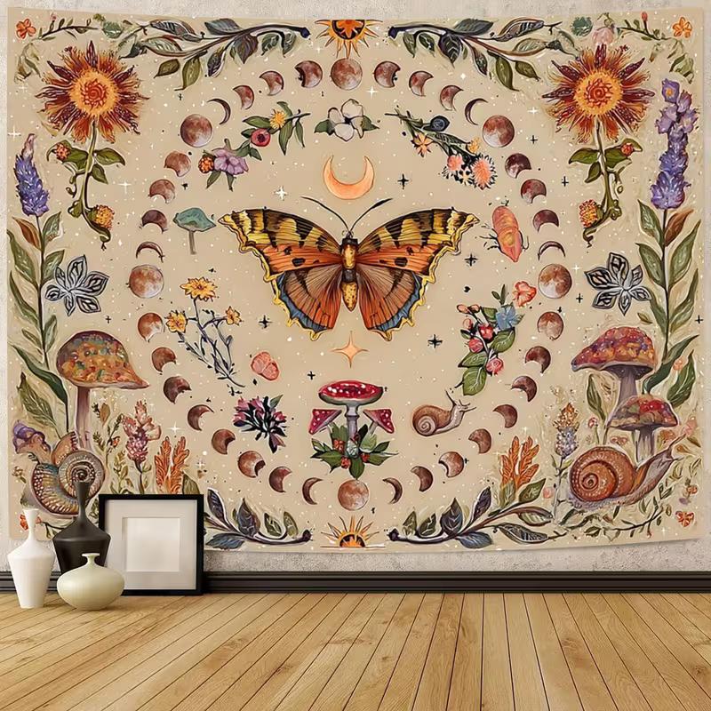 

2D Aesthetic Botanical Tapestry, Moon Phase Butterfly and Floral Wall Decor 47.2x31.5inch/120*80cm