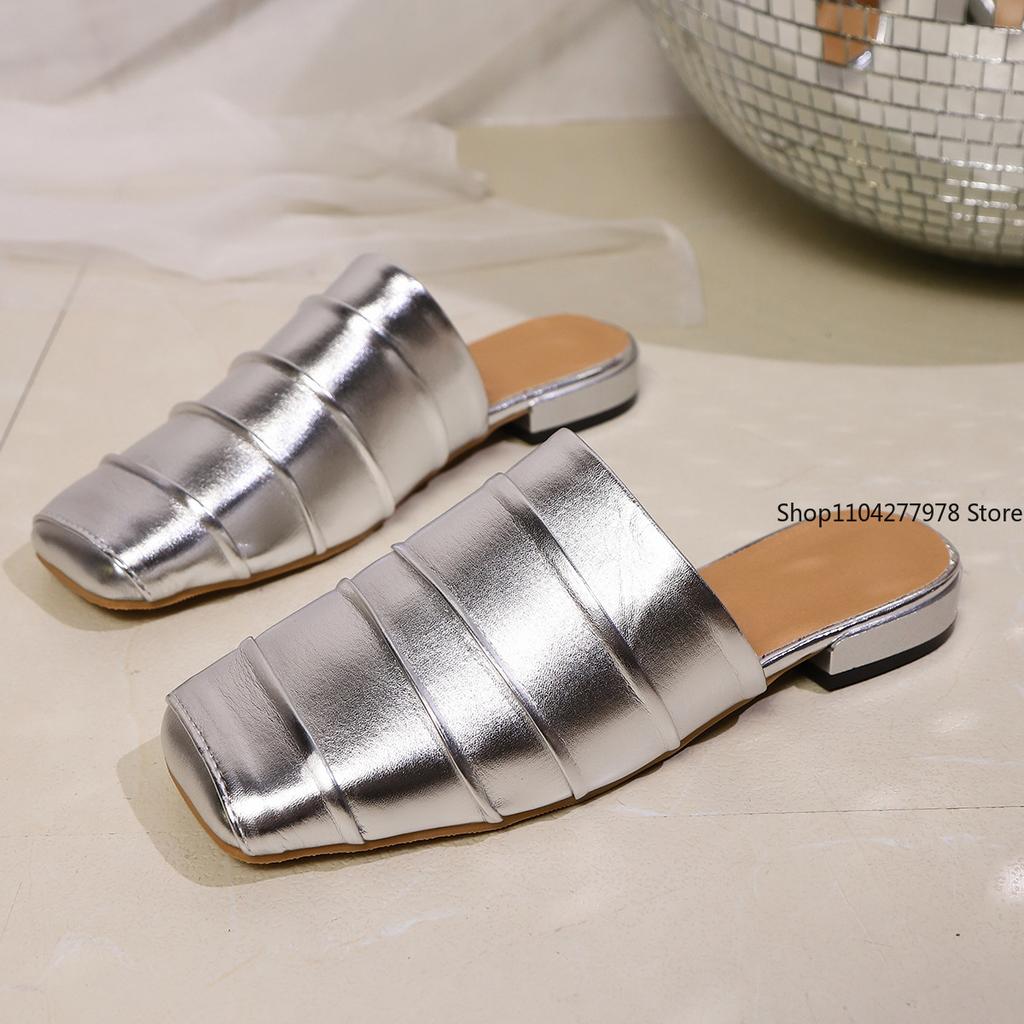 Fashion Shimmery Metallic Gold Silver Closed Toe Women Summer Slides Sandals Square Low Heels Slip-on Casual Mules Slippers Big Size 42