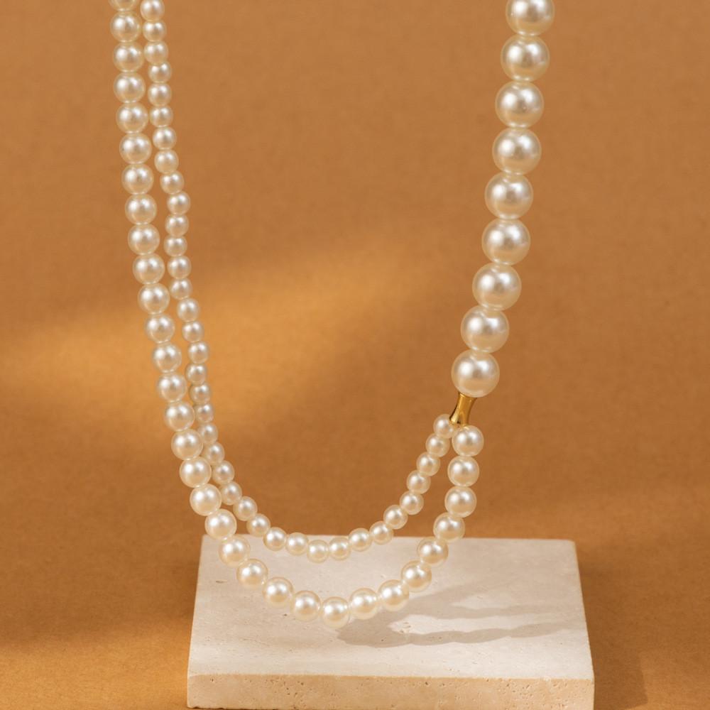 Double Beautiful Layer Pearl Necklace For Women Fashionable Geometric Design In Color White