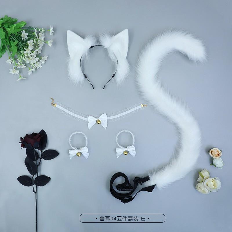 Furry Animal Ear Tail Set With Lace Hand Bells Neck Bell Headband Cosplay Costume
