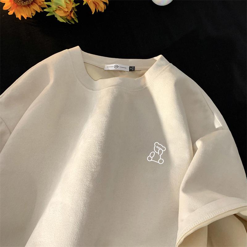 American Retro Men's Oversized Suede Short Sleeve T-Shirt - Trendy Summer Fashion, Small Collar, 5-Point Sleeve, 220g Heavyweight.