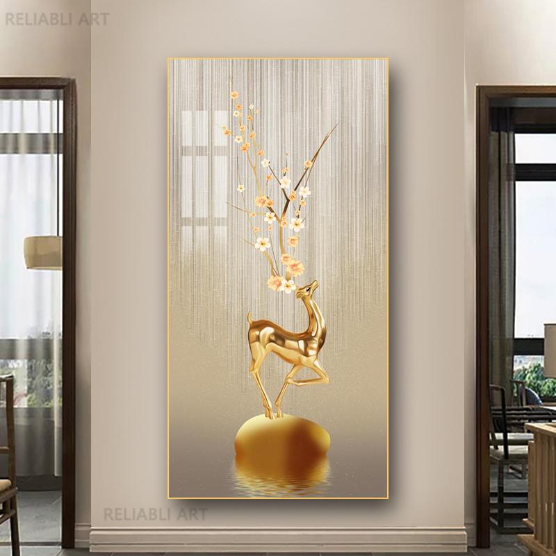 New Chinese Fengshui Golden Deer Canvas Painting Abstract Zen Stone Posters and Prints Modern Luxury Wall Art for Porch Decor