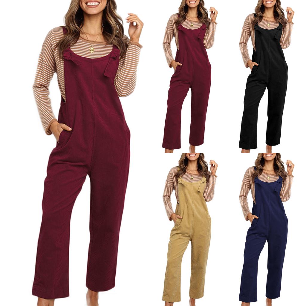 Buy Women Casual Overalls Solid Color Sleeveless Loose Jumpsuit Female Pocket Straight Long