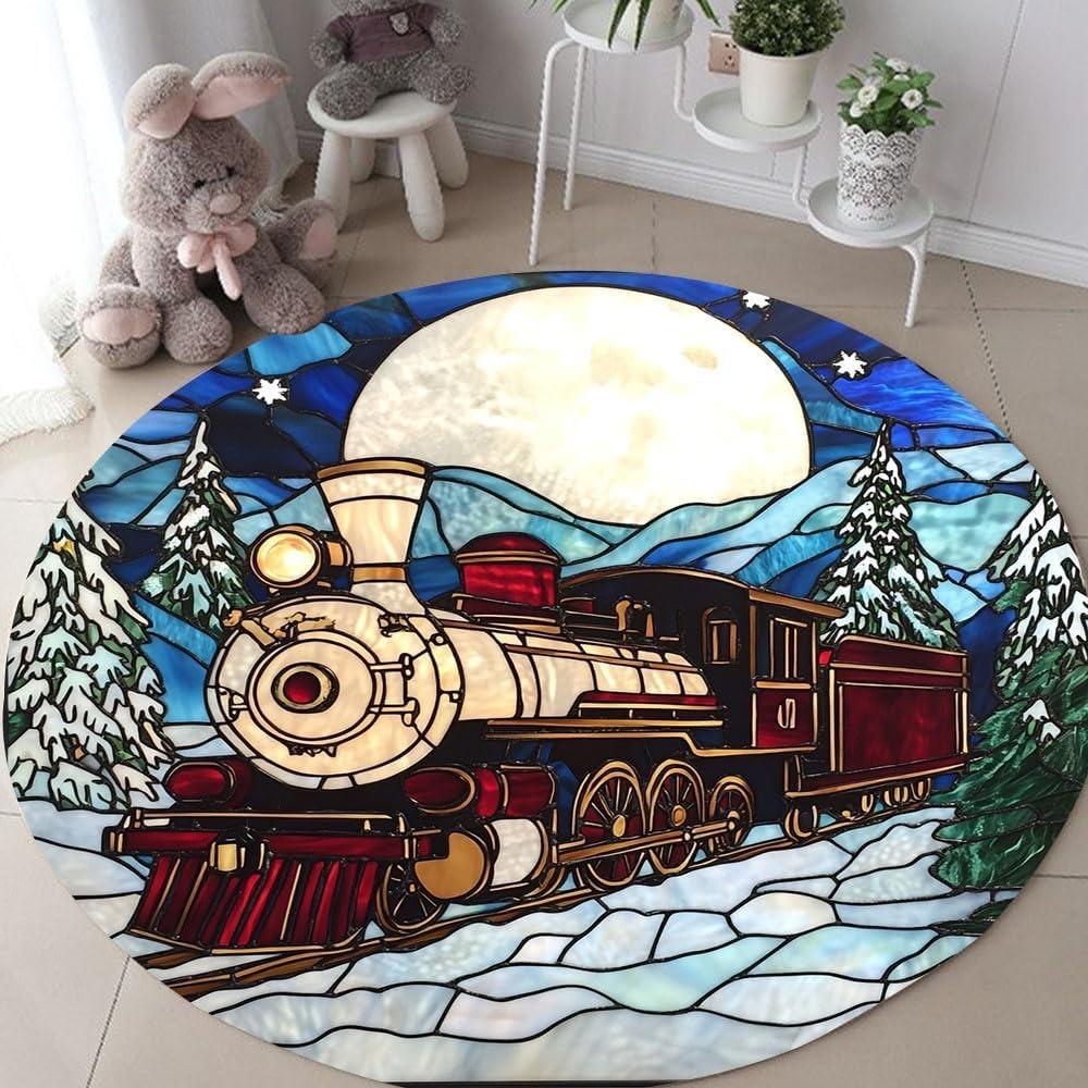 Round Stained Glass Style Moonlight Train Rug Dreamy Fairy Tale Non-slip Absorbent Carpet Winter Home Decor Mat for Living Room