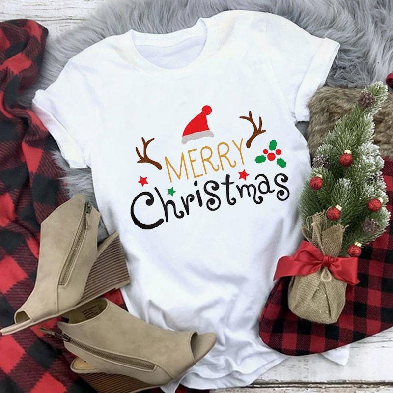 Santa Claus Christmas New Year holiday pattern T-shirt top women's fashion clothing women's short sleeved T-shirt