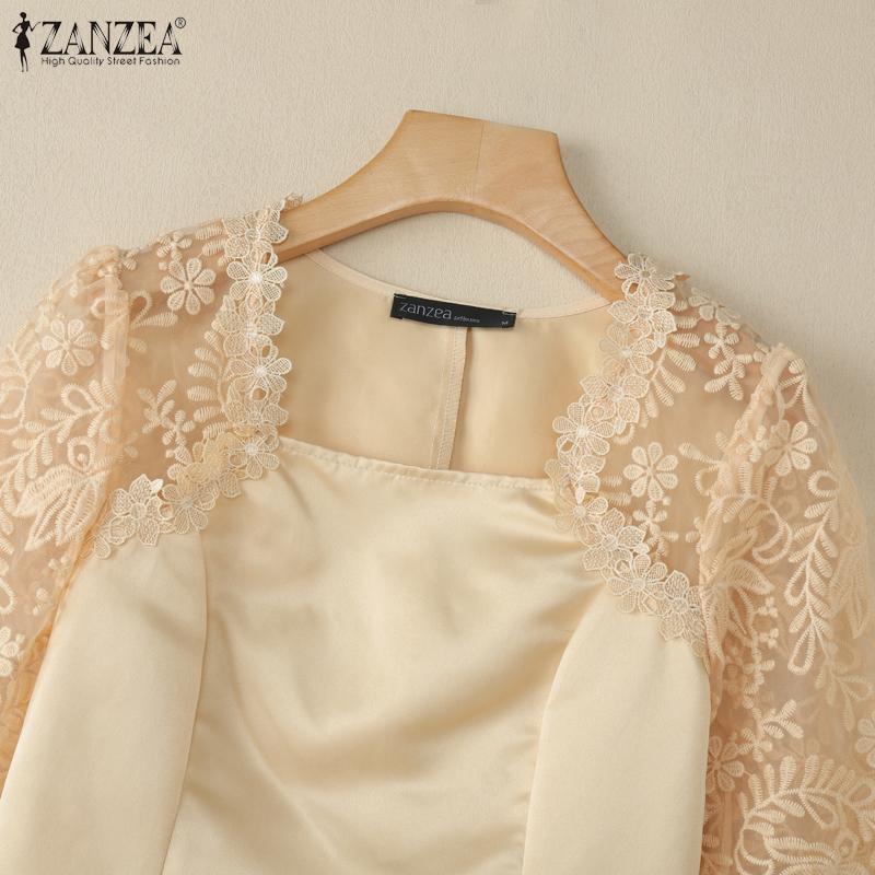 ZANZEA Women Square Neck Casual Lace Splice Half Sleeve Satin Blouse