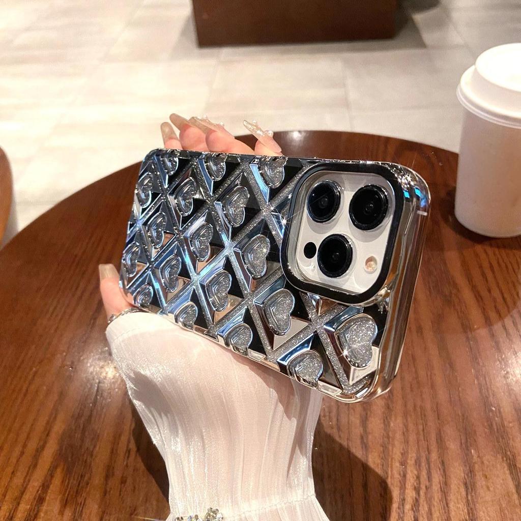 Cute 3D Plating Love Heart Glitter Powder Phone Case for iPhone 11 12 13 14 15 Pro Max 11 Pro Max 12 Pro 13 Pro 14 Pro Max Anti-drop Soft TPU Cover