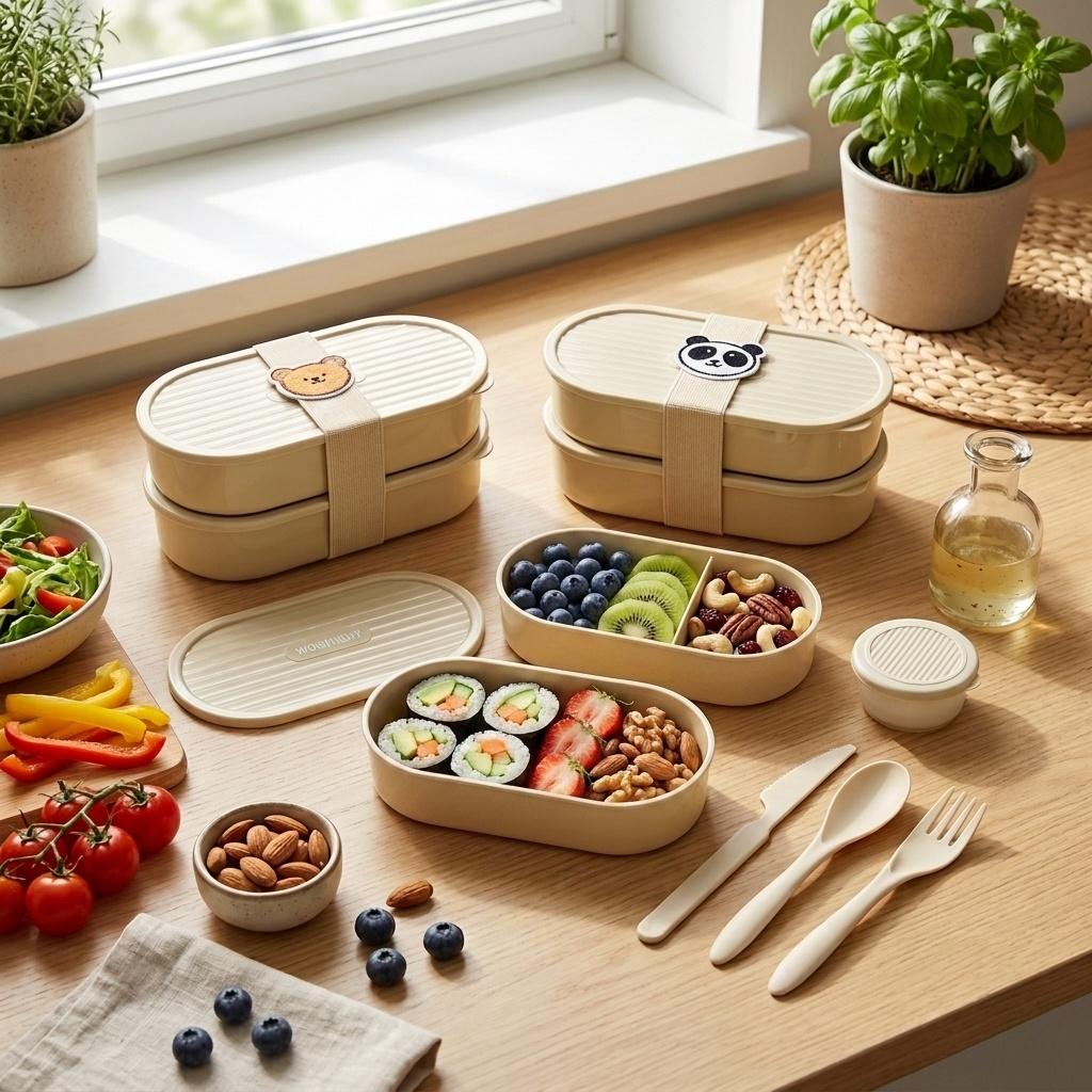 2Pcs/Set Plastic Fruit Salad Food Container With Cute Strap Portable Oval Bento Box For Kids Students Microwaveable Lunch Box