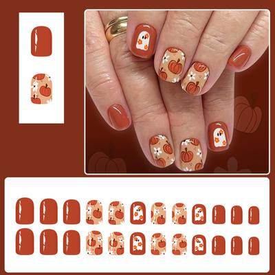 24pcs Halloween Sparkling Pumpkin Essence Press On Tips Short Square Artificial Tips French Floral Design Not Need Tools