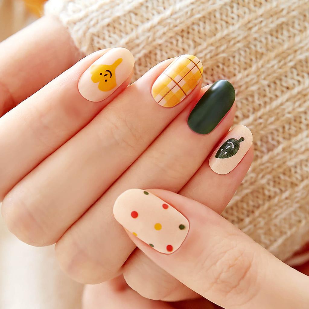 Warm-Tone Nail Stickers 24pcs | Self-Adhesive Strips, Caramel&Plaid Mix, Quick 5-Min Manicure