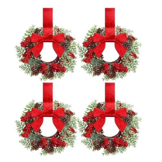 

Мини Рождественский Венок с Бантом из Красного Бархата Декор Дверцы Шкафа для Кухни Окна Фермерского Дома Входной Двери Стены Камина Ягодная Гирлянда 4pcs E