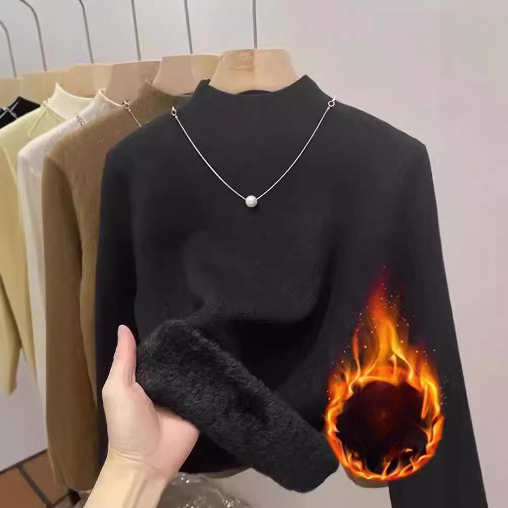 

Женский цельный бархатный теплый вязаный свитер с полувысоким воротом и длинными рукавами внутри, повседневный свободный пуловер для осени и зимы XL чёрный