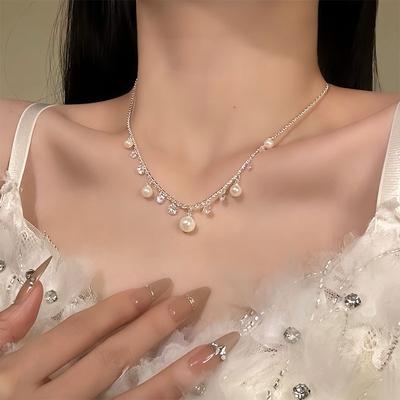 Zircon Water Drop Pearl Pendant Necklace Light Luxury Retro Temperament Collarbone Chain Niche Fashion Versatile Jewelry Women