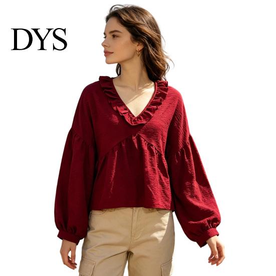 Lockere Bluse Damen Rüschen V-Ausschnitt Bluse, Laternenärmel Festliches Lässiges Oberteil, Profil Falten Einfarbige Hemdbluse für Herbst Dame