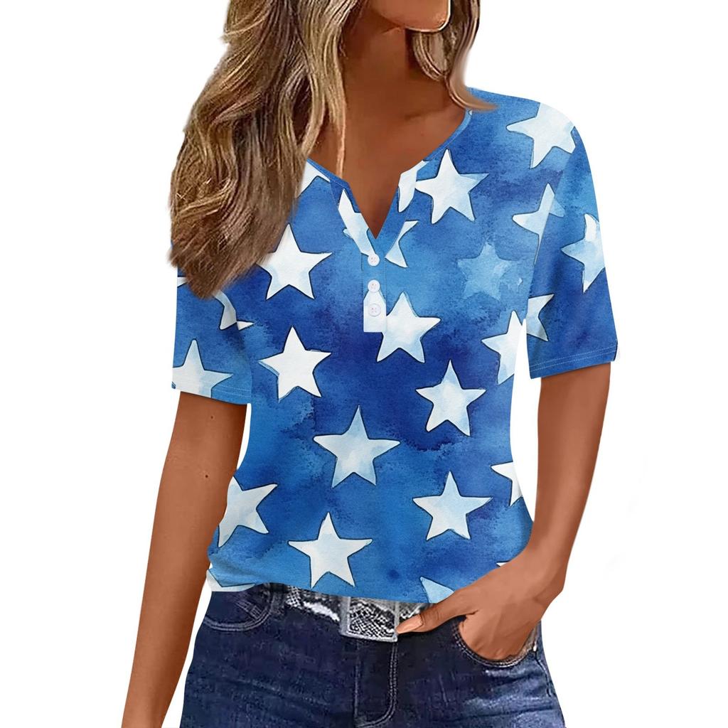 Women's T Shirt Tee Independence Day Print Button Short Sleeve Daily Weekend Fashion Basic V-Neck Regular Top
