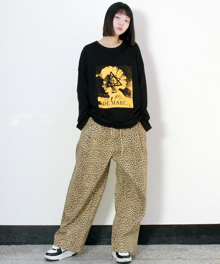 Deumakeu Side One-Pleat Leopard Real Wide Pants Camel