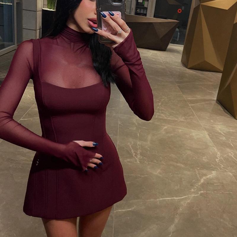 European & American Women's Mesh Spliced Long Sleeve Slimming Dress