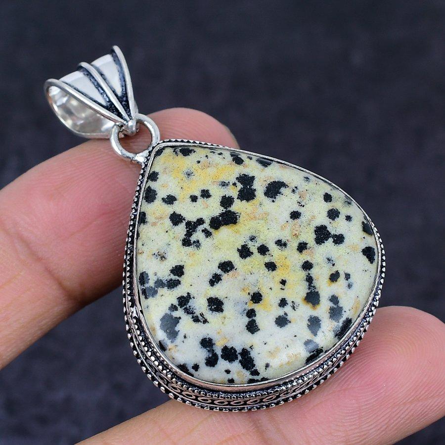 Dalmation Jasper Gemstone 925 Sterling Silver Jewelry Pendant 2.05"