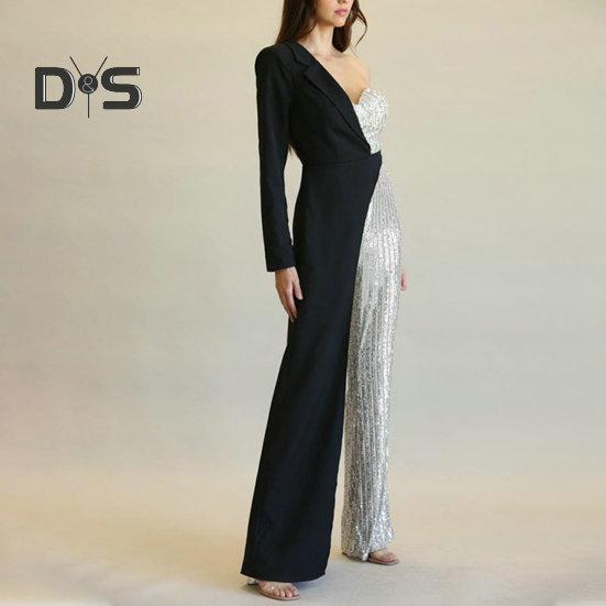 Salopetă pentru femei, cu un umăr, cu o mânecă, haină, rochie, paiete strălucitoare, asimetrică, culoare asortată cu picior lat, talie strânsă, salopetă pentru petrecere de bal